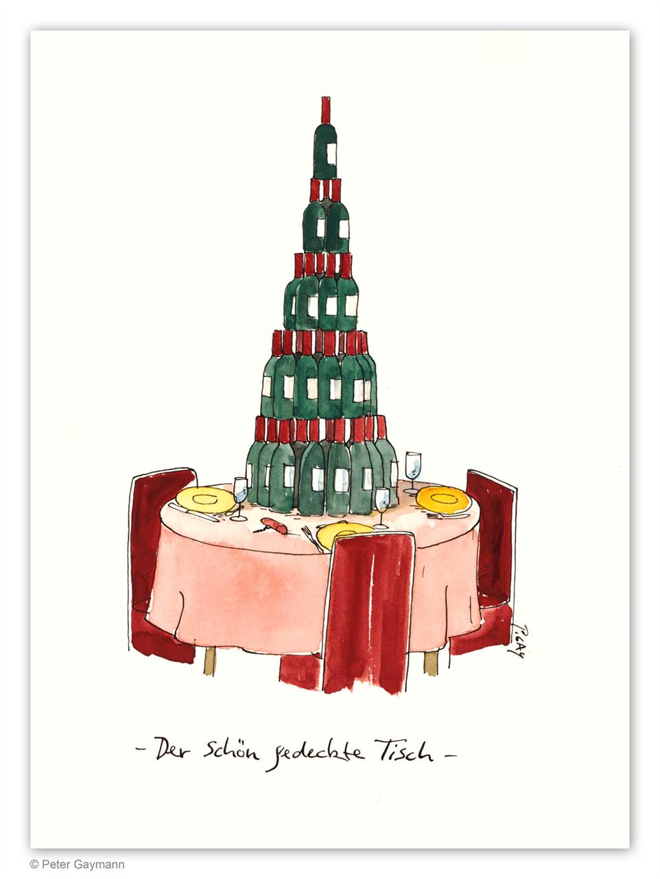 Der schön gedeckte Tisch, Gedeckter Tisch mit Pyramide aus Rotweinflaschen