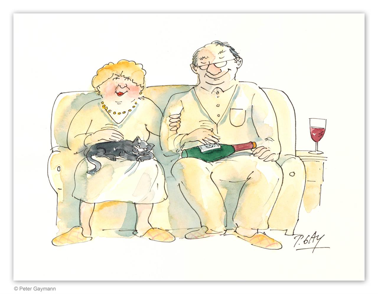 Frau und Mann streicheln Katze und Weinflasche? Frau und Mann streicheln Katze und Weinflasche?