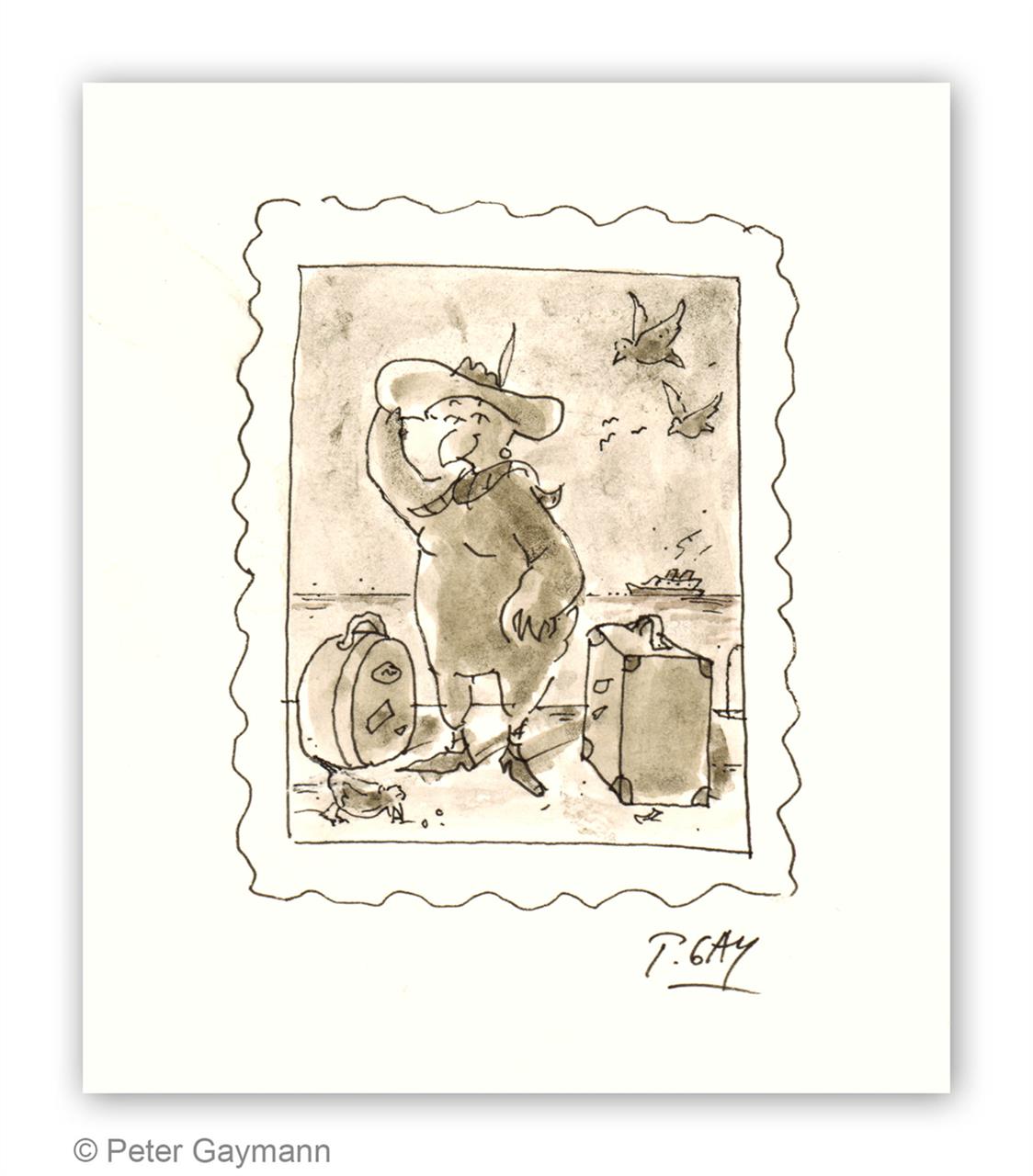 Briefmarke Huhn mit Reisekoffern
