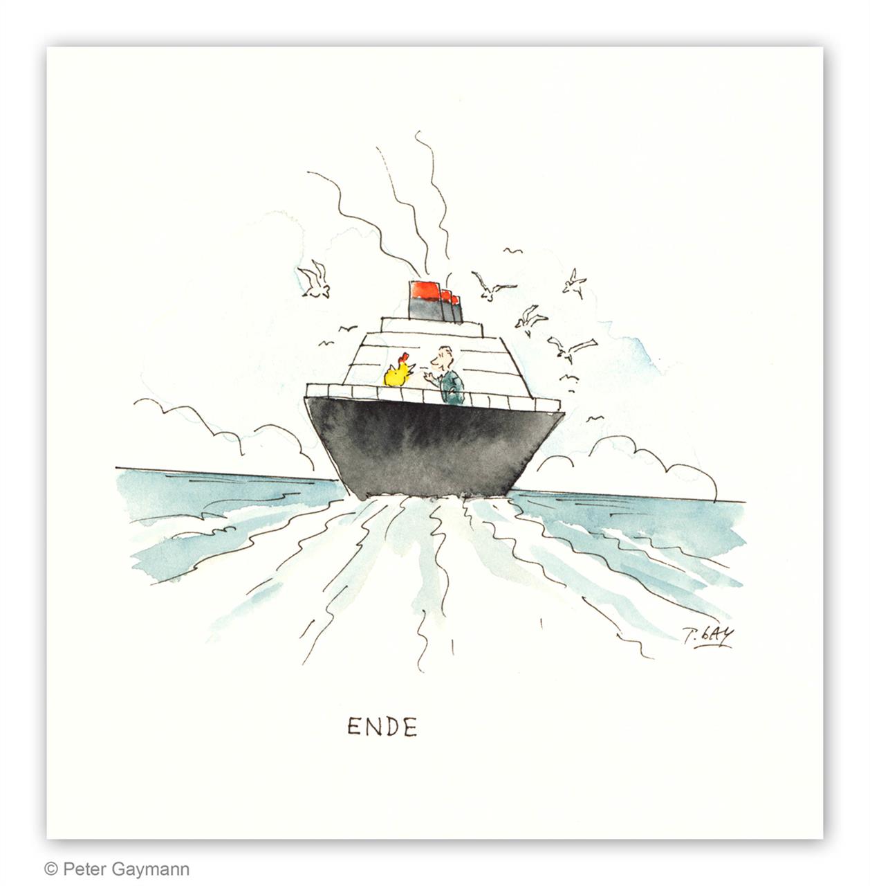 ende, Huhn und Mann auf abfahrendem Schiff