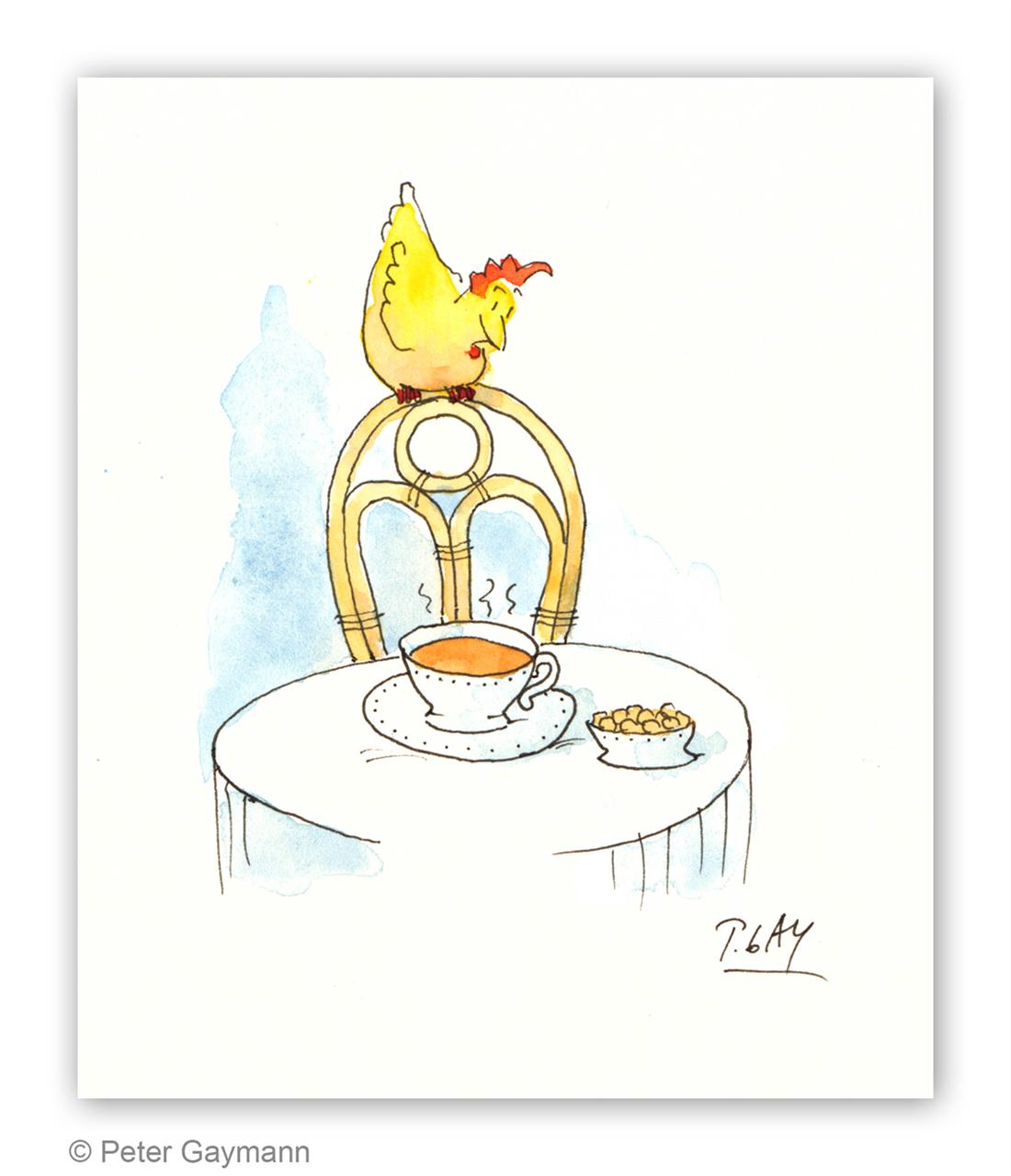 Huhn auf Stuhllehne mit Suppe Huhn auf Stuhllehne mit Suppe