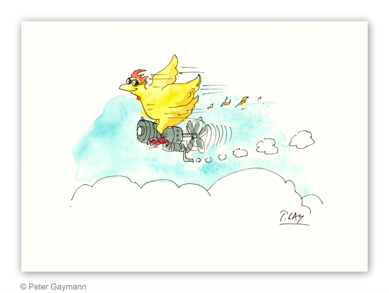 Huhn fliegt auf Motor über den Wolken Huhn fliegt auf Motor über den Wolken