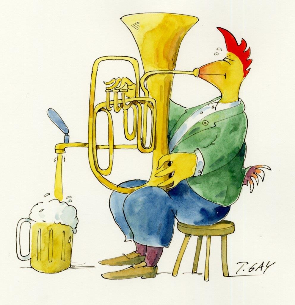 Biertuba, Hahn in blauer Hose mit Bierzapfhahn in Tuba