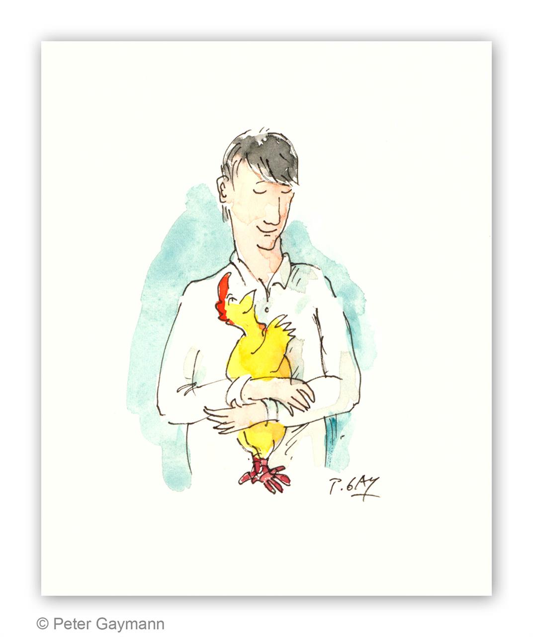 Mann hält Huhn im Arm Mann hält Huhn im Arm