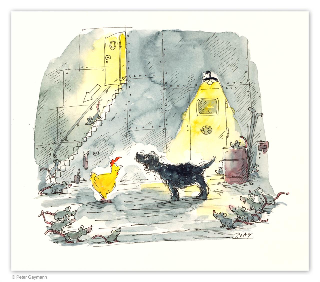 Huhn mit Hund und Ratten in Schiffsbauch Huhn mit Hund und Ratten in Schiffsbauch